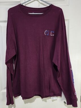 Champion Men's Long Sleeve Tee in Burgundy with Logo Size XL